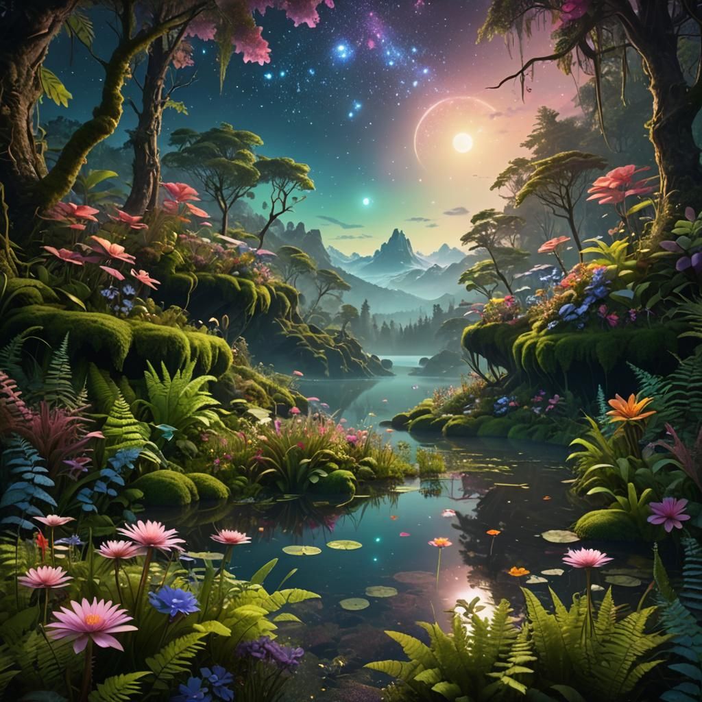 Enchanted Flower Lake Under Starry Skies