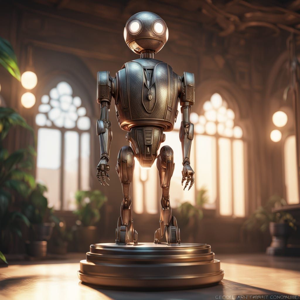 Art Deco Robot Sculpture Contemplates Orb in Grand Hall