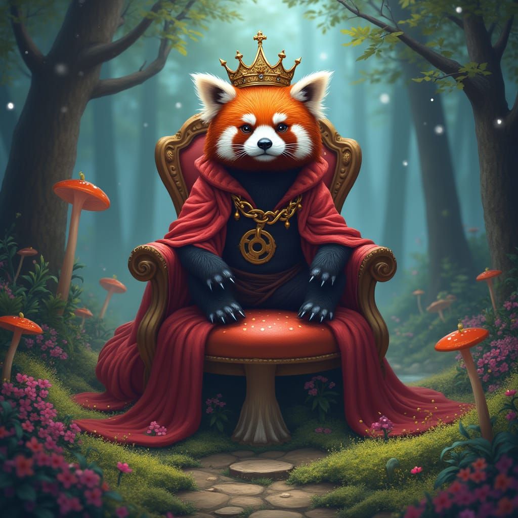Red Panda King in Bioluminescent Forest