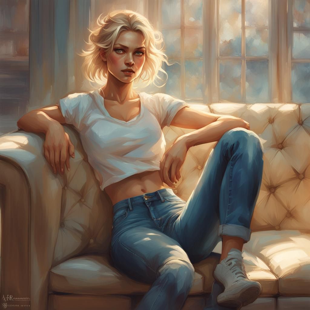 Stunning Portrait of Woman in Jeans, Hyperdetailed Art