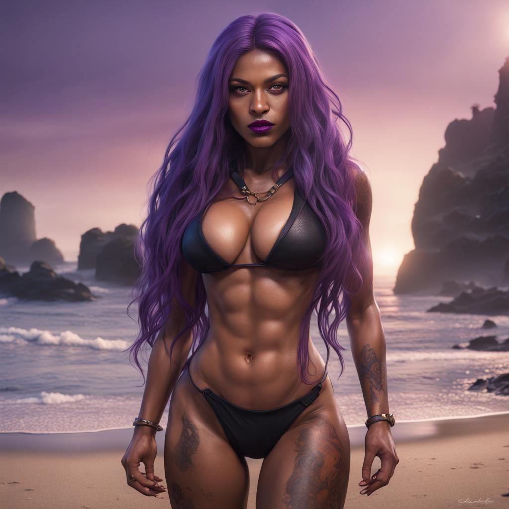 Woman Flexing on Beach: Fantasy Concept Art