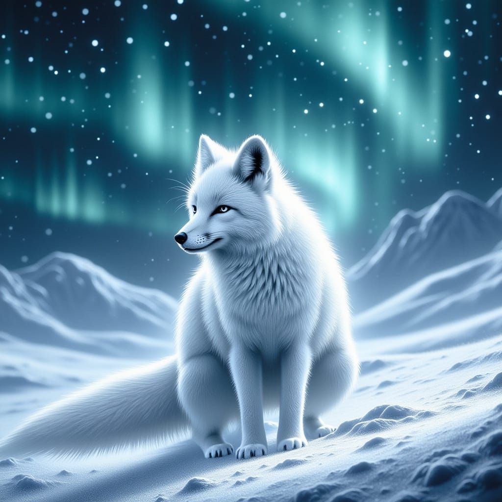 <lora:Blacklit Flux:1.0> A majestic arctic fox standing in a shimmering snowy landscape, its thick white fur glistening ...