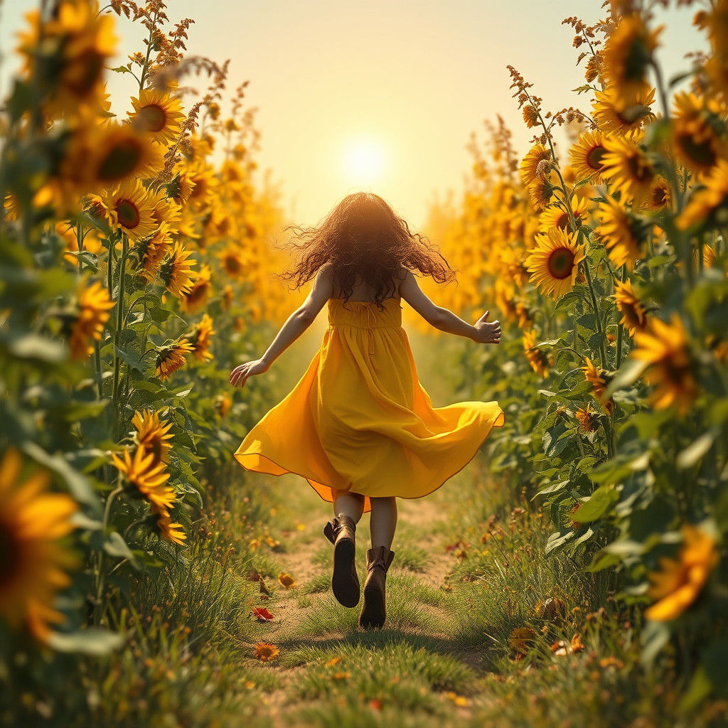 Girl Running Through Sunflowers in Fantasy Landscape