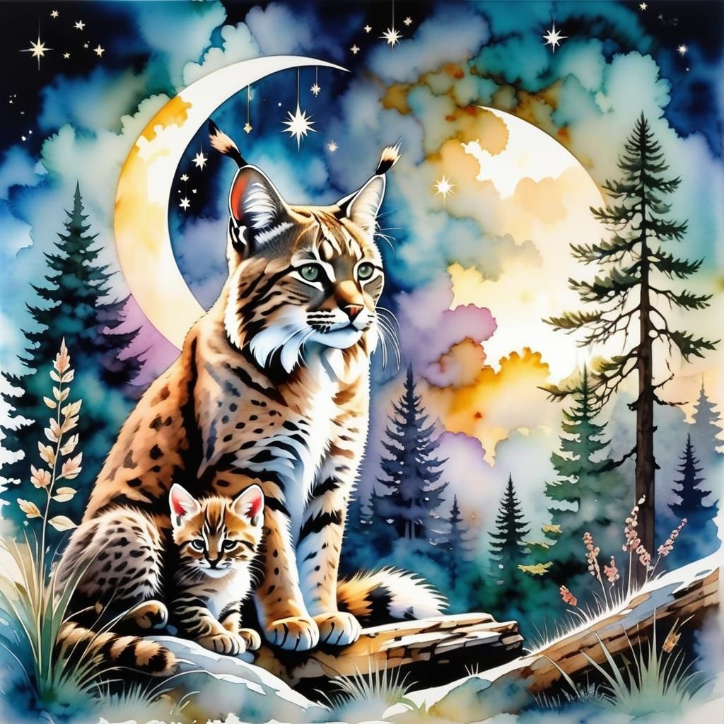 Bobcat and Kitten in Forest Clearing, Watercolor Style