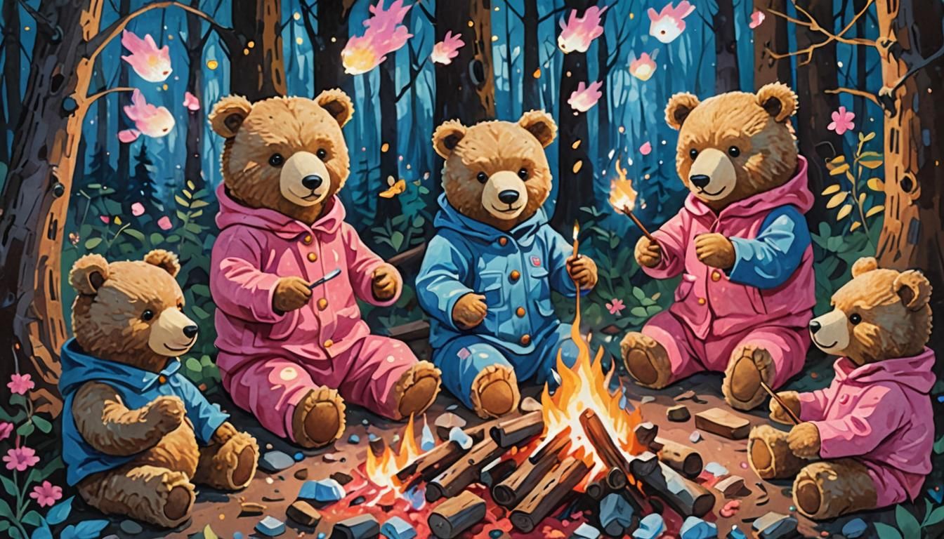 Teddy Bears Campfire in Mystical Forest, Gouache Art