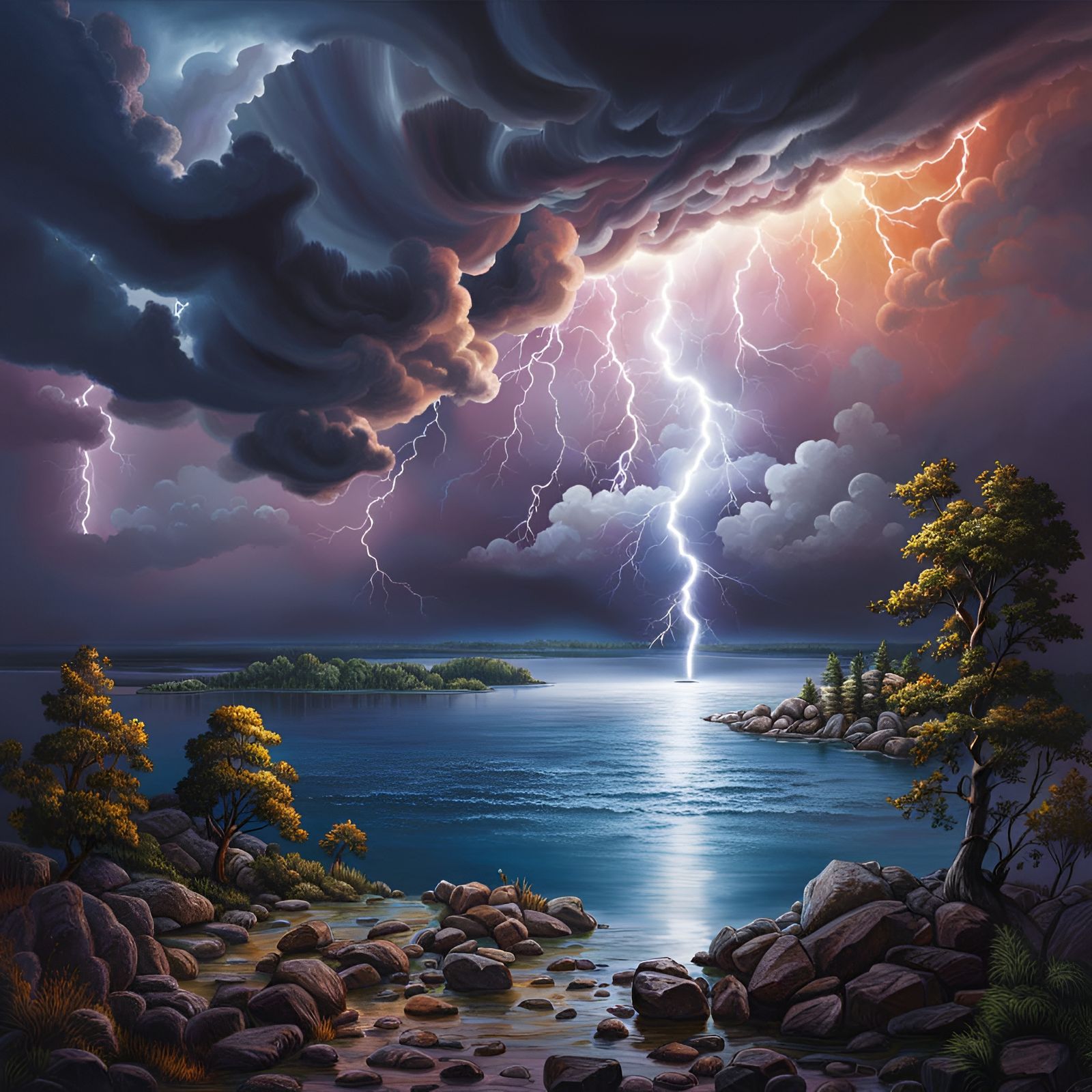 Huge bolts of lightning, lightning fills the sky