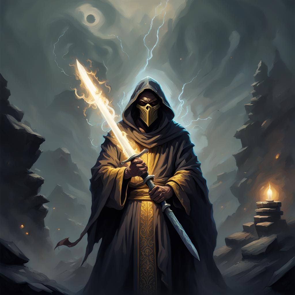 Hooded Monk Wizard Sword of Light, Greg Rutkowski Style