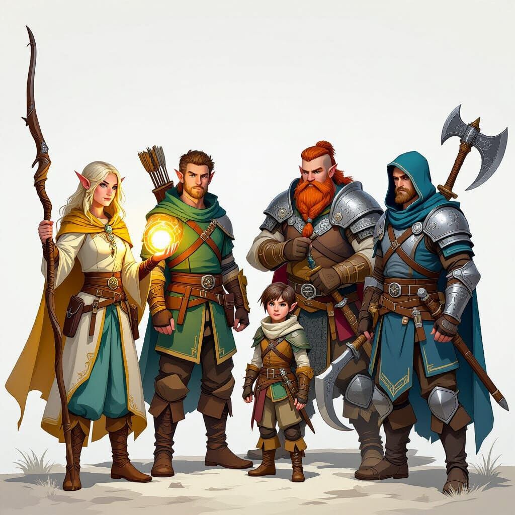 Fantasy Adventurers in Sunlit Meadow Digital Painting