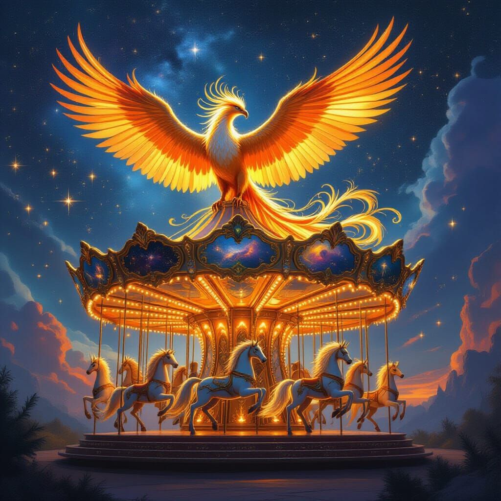 Phoenix on Celestial Carousel of Stars and Nebulae