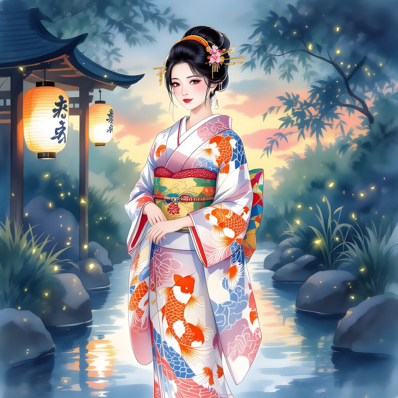 Japanese Woman in Twilight Garden, Watercolor Style