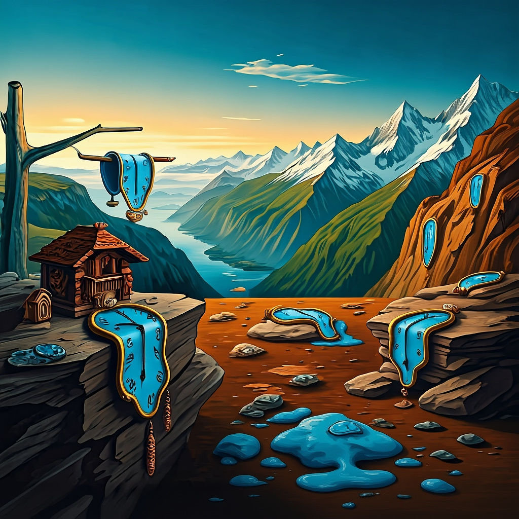 Melting Cuckoo Clocks in Snowy Alps, Surrealist Style