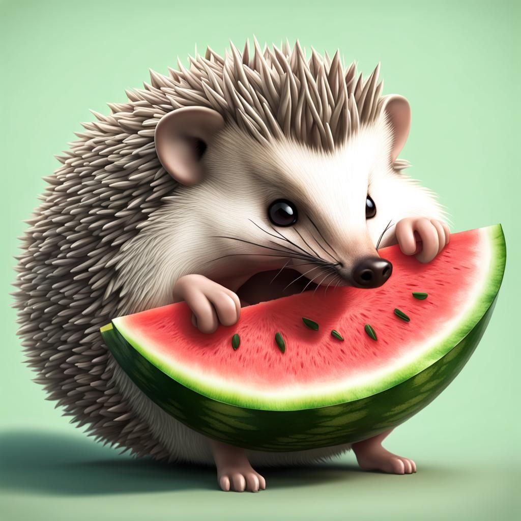 Happy Hedgehog Bites Watermelon in 3D CGI Style