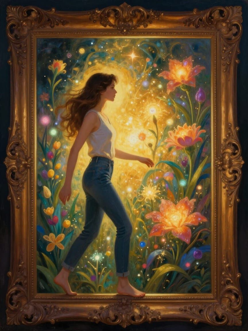 Woman Discovers Luminous World Beyond Ornate Frame