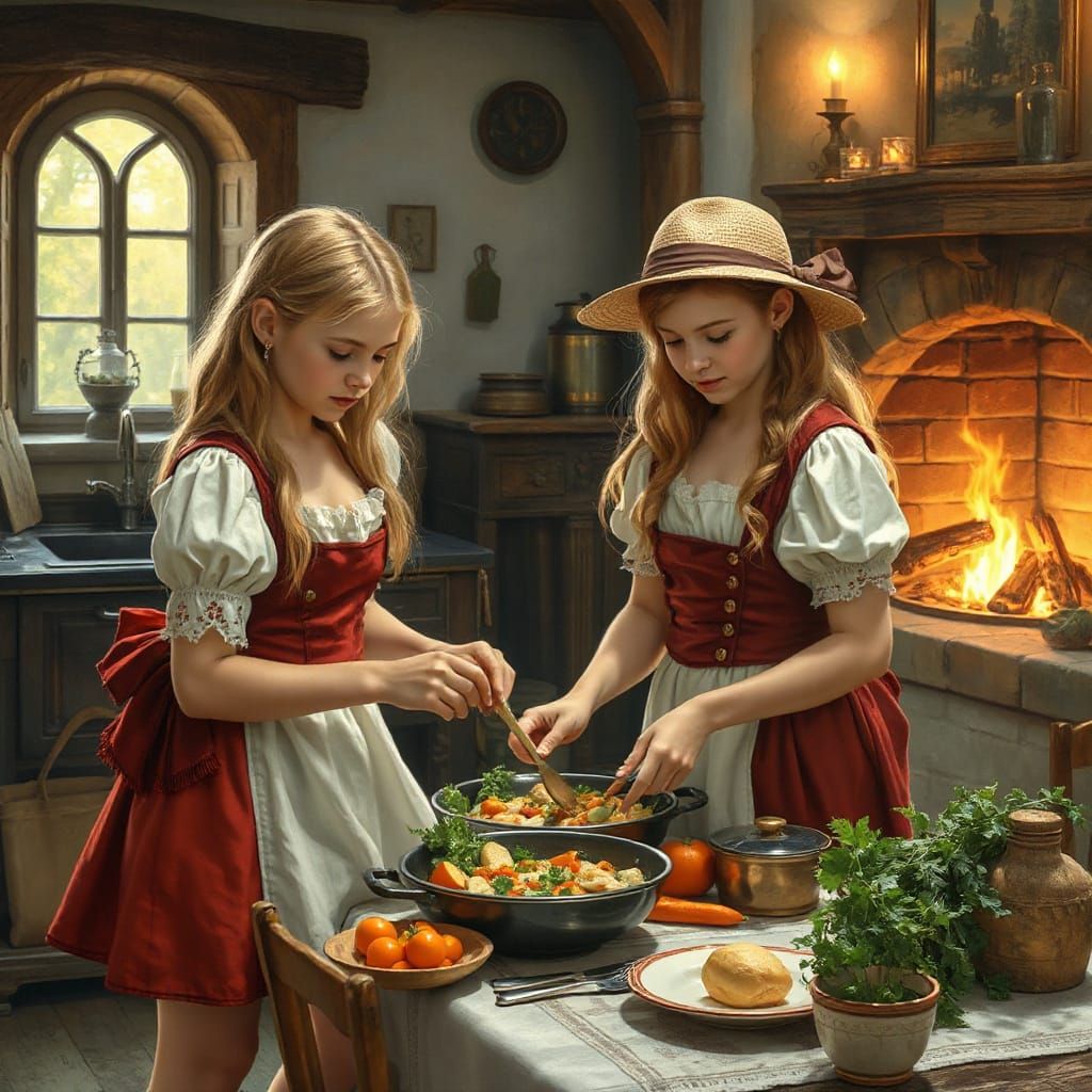 Medieval Kitchen Scene with Girls Preparing Dinner