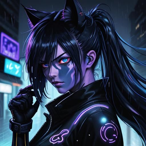 Cyberpunk Ninja Cat Girl in Manga Style