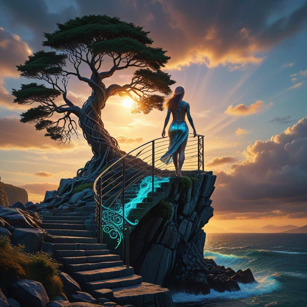 Celtic Warrior Woman on Irish Cliff with Cosmic Waterfall