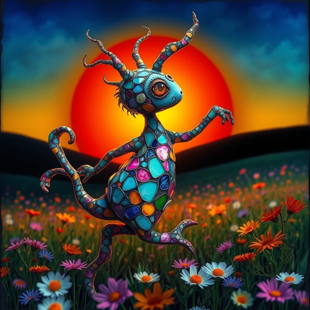 Magical Pottery Creature Dances at Sunset in Surreal Style