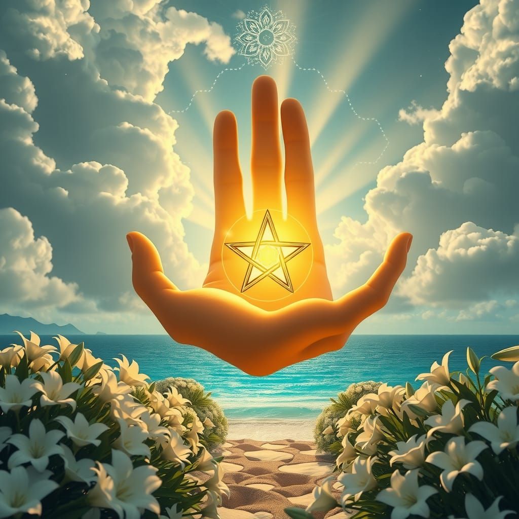 Celestial Hand Holding Golden Pentacle in Dreamscape