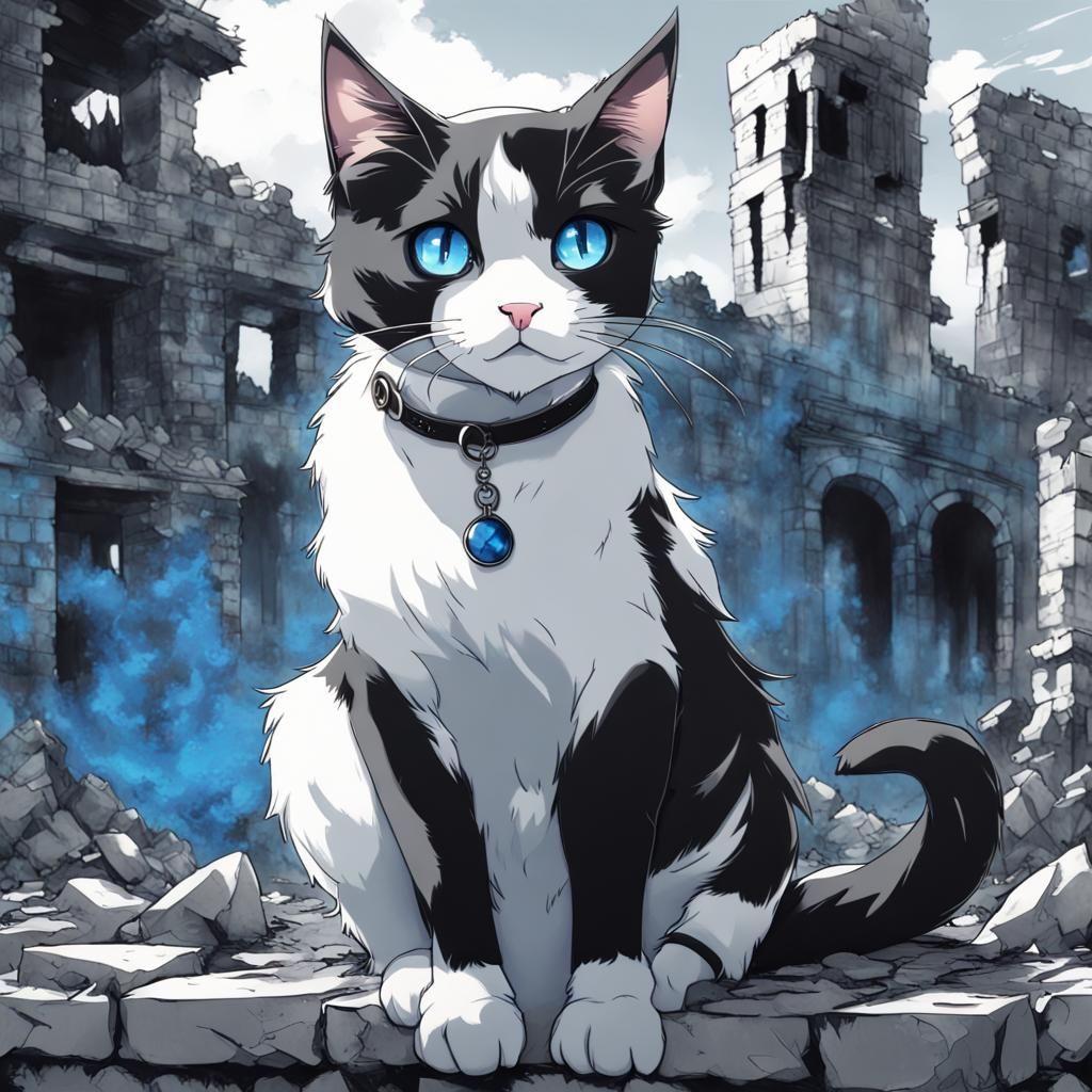 Monochrome Cat with Blue Eyes in Anime Style