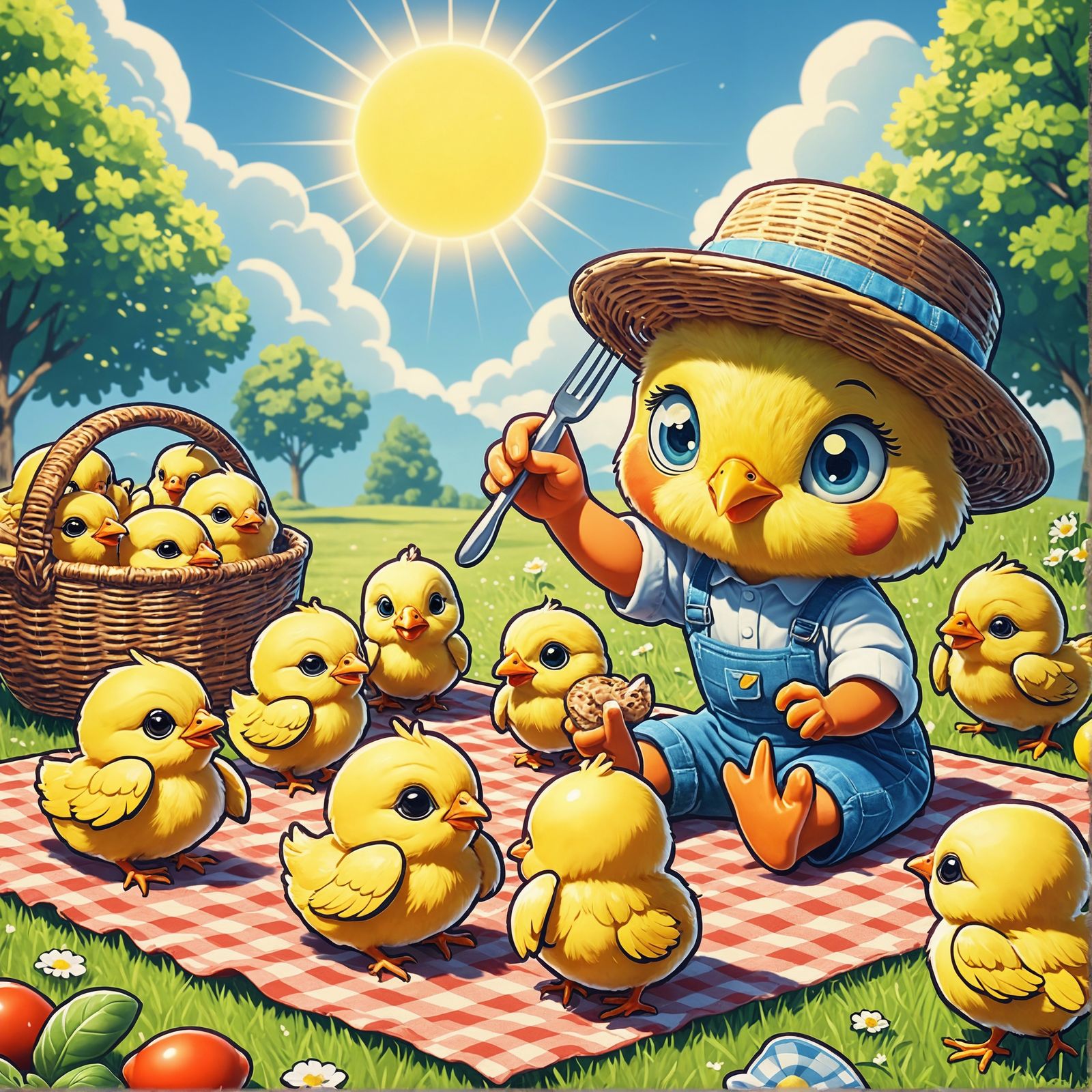 Baby Chicks Picnic in Early 20th-Century Cartoon Style