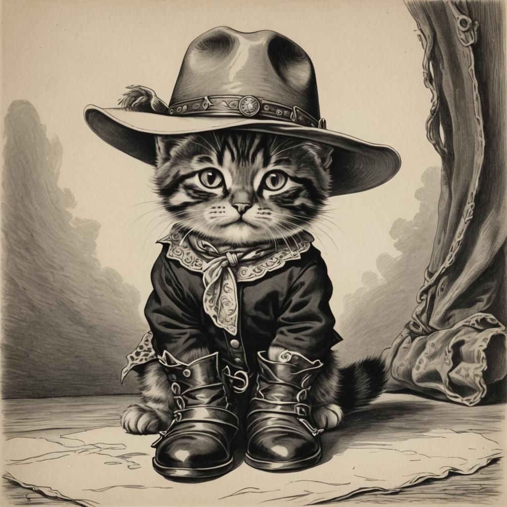 Tabby Kitten Cowgirl: A Tenniel-Style Drawing