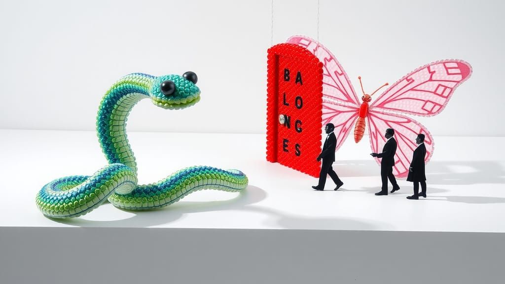 Beaded Snake and Butterfly Sculpture, Surreal Art