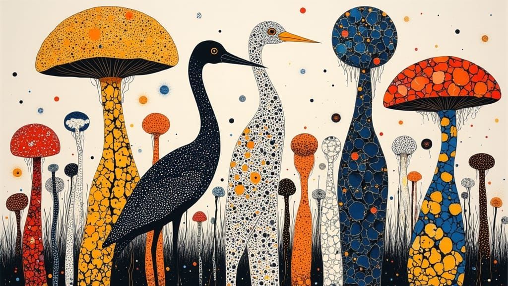 Heron Totem Poles with Mushrooms in Kusama Style