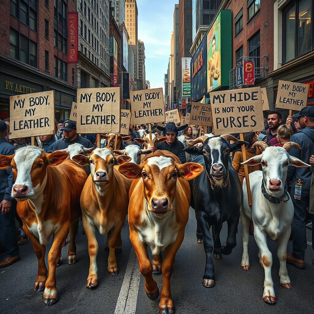 Farm Animals Protest Leather in Whimsical Style