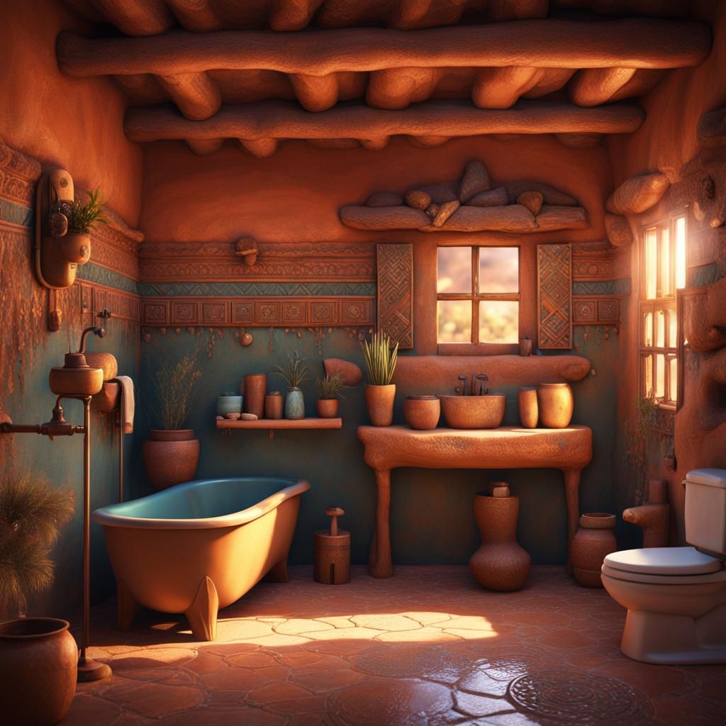 Santa Fe Adobe House Bathroom in Matte Painting Style