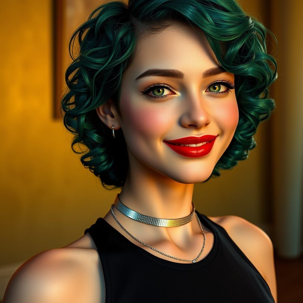 Mystical Green-Haired Woman in Warm Golden Setting