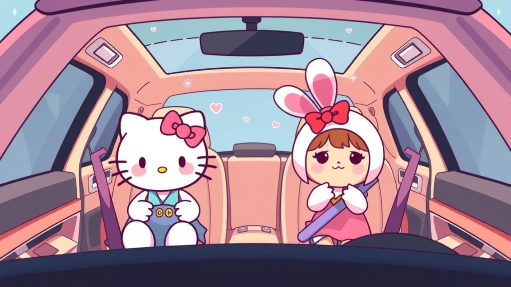Ultra-Cute Sanrio Characters in Animated Car Scene