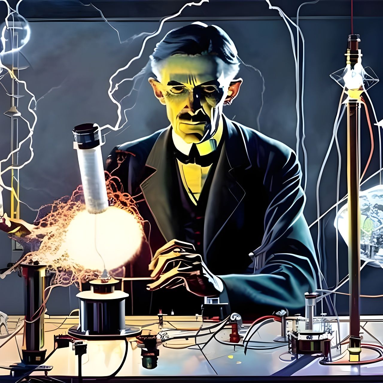 Tesla Experimenting with Electricity: Oil on Canvas