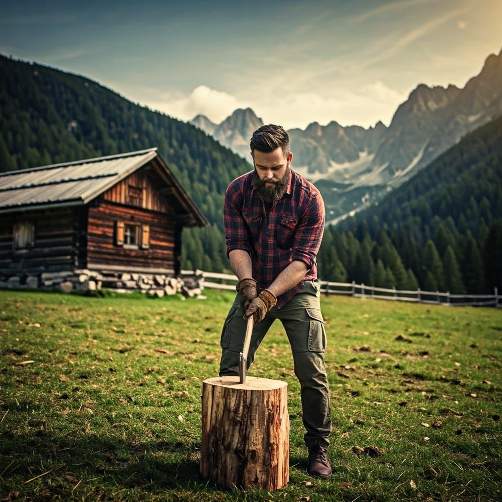 Bearded Athlete Chops Logs near Alpine Hut in Cinematic Styl...