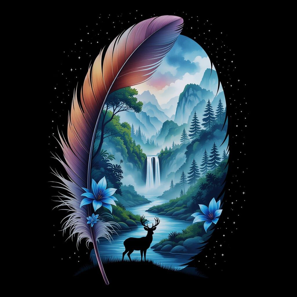 Nature & Dark Fantasy Feather with Watercolor Landscape