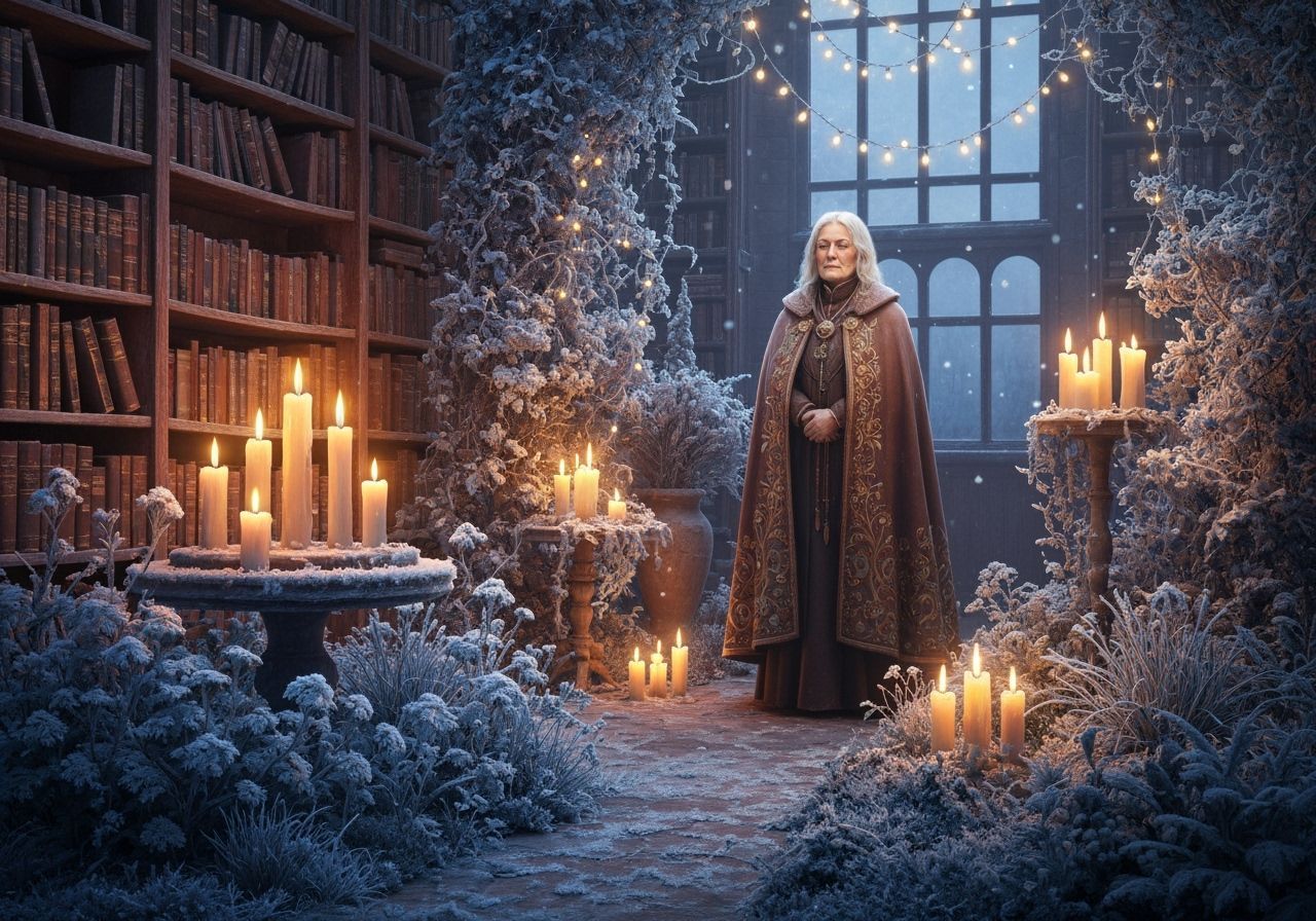 Enchanting Frost Garden in Candlelit Library