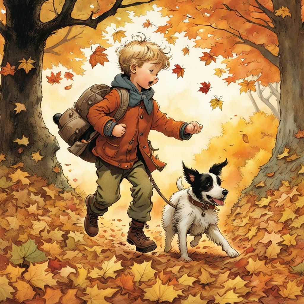 Boy and Dog Frolic in Autumn Leaves Illustration