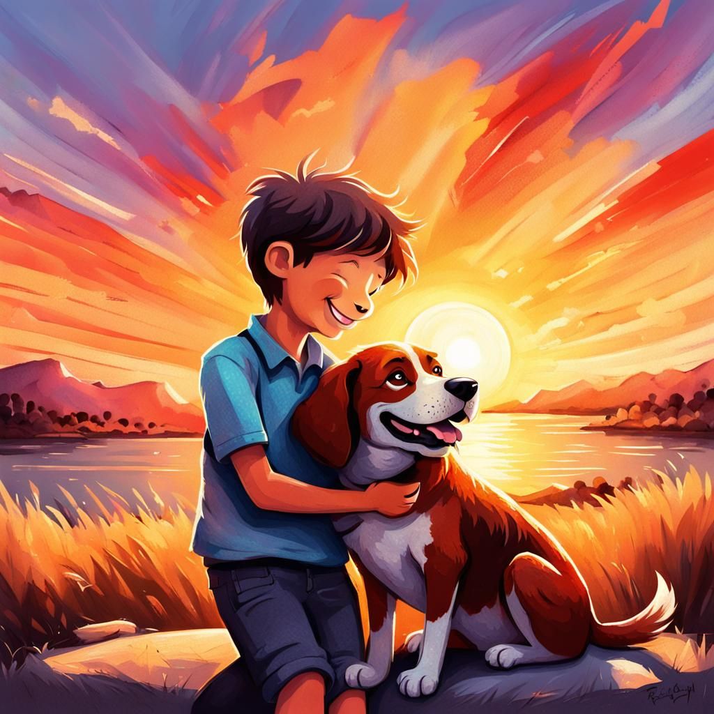 Boy and Dog Watching Sunset in Cartoon Style