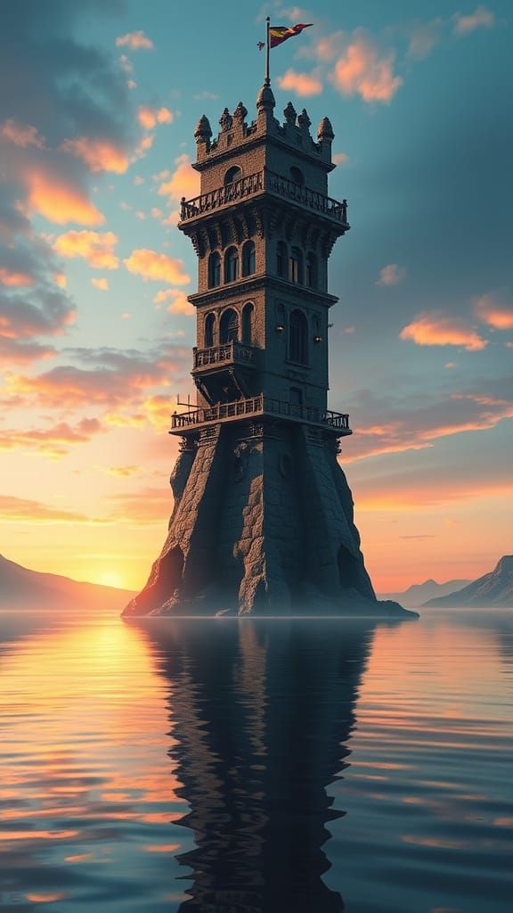 Majestic Magical Tower on a Calm Lake in Hyperrealism