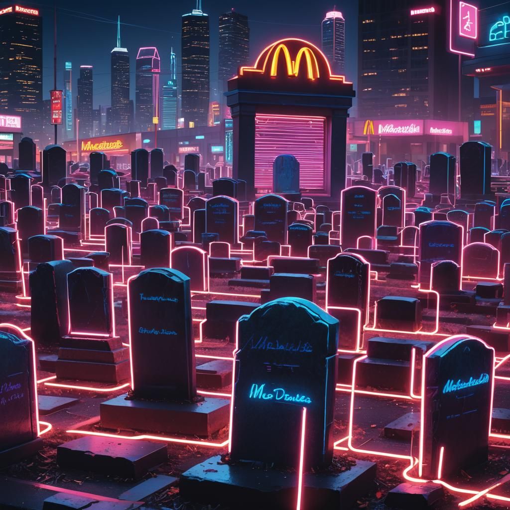 Synthwave Tombstones Invade Neon McDonald's