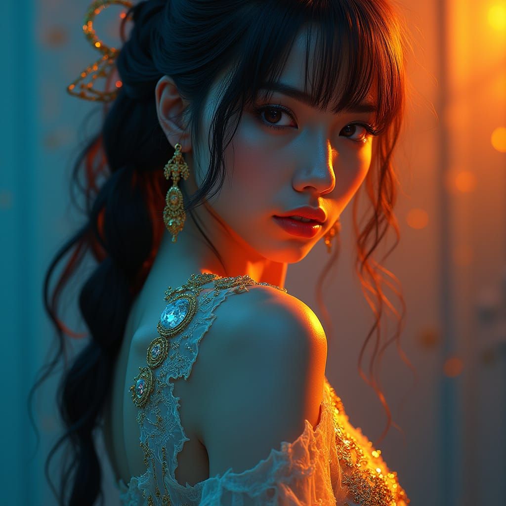 Mystical Portrait with Piercing Eyes in Vibrant Gradient Blu...