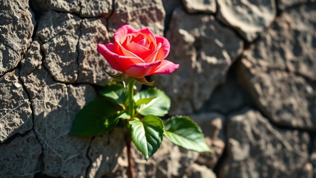 Vibrant Rose Blooms Through Weathered Stone