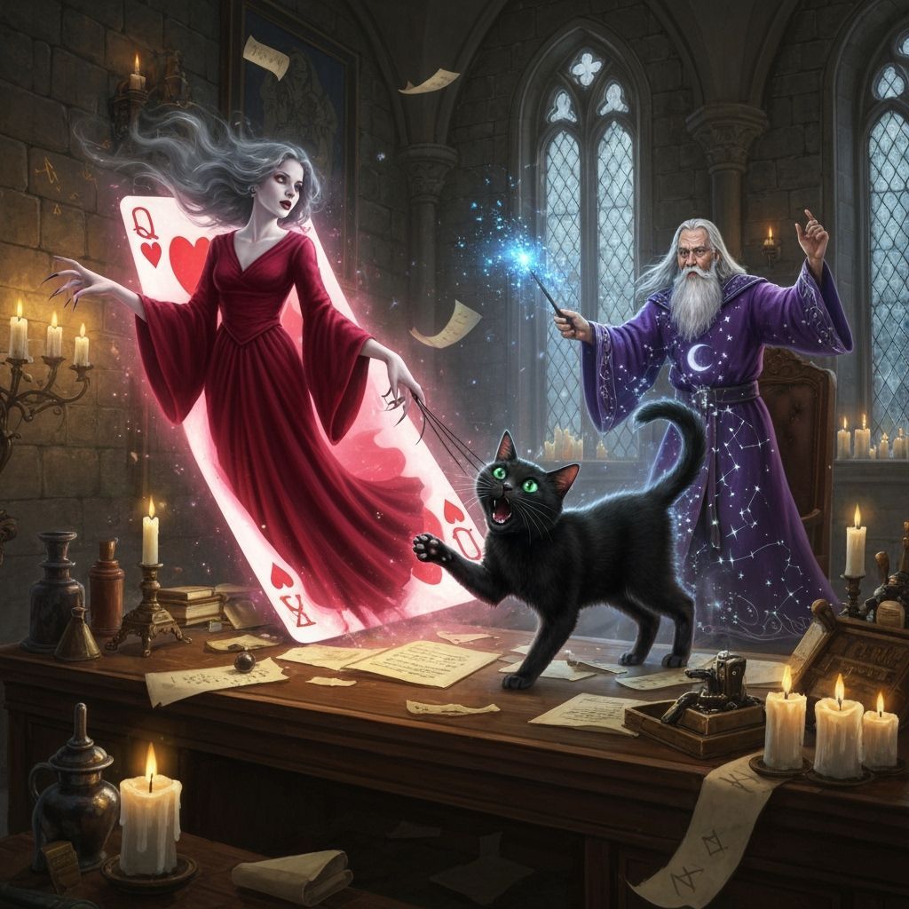 Queen of Hearts Emerges from Card, Wizard Battles Chaos