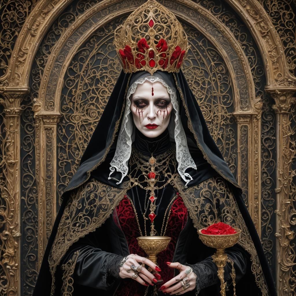 Young evil gothic nun, wearing gothic crimson and black velv...