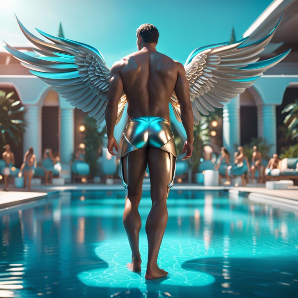 Male Angel Pool Party in Cyberpunk Style