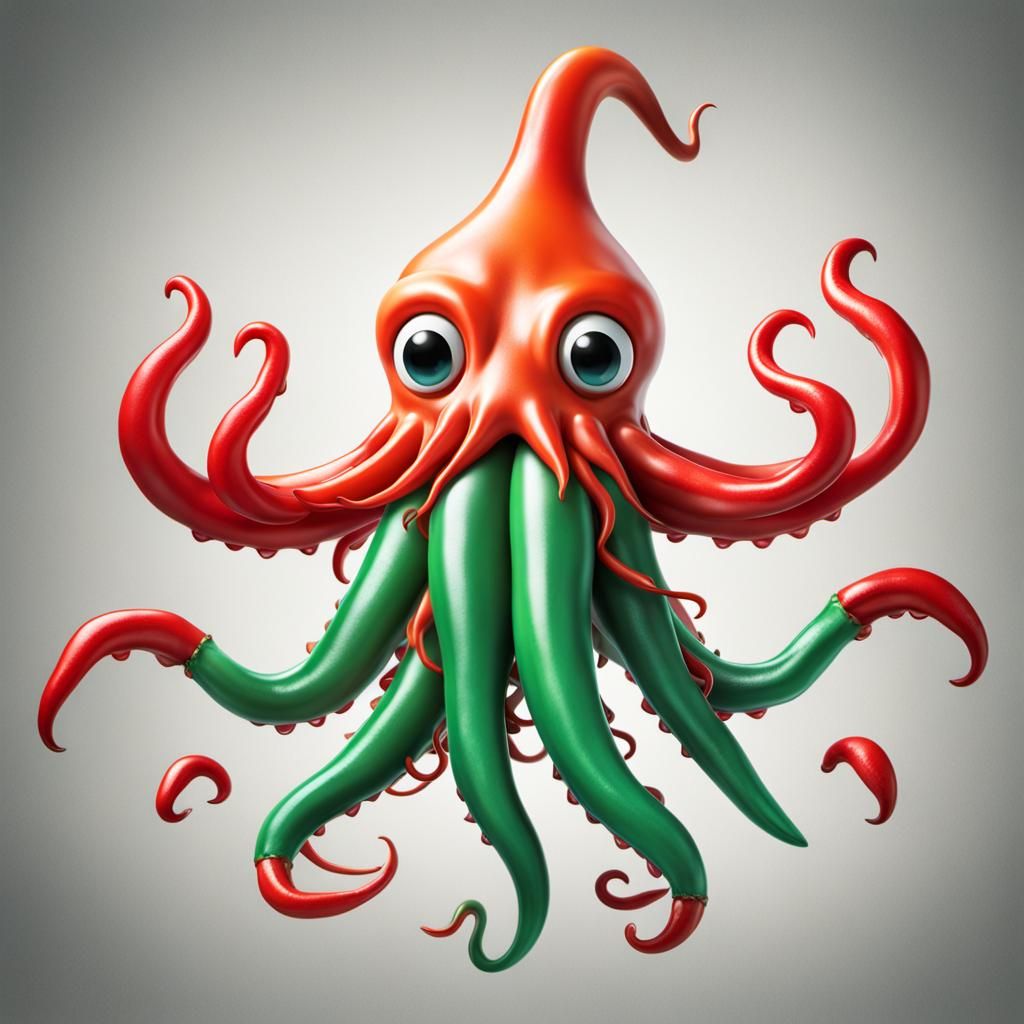 Playful 3D Chili Squid Logo in Glossy Airbrush Style