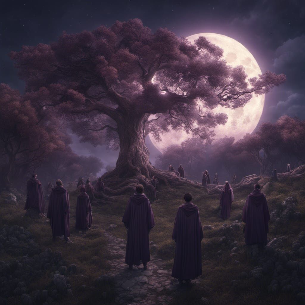 At night: men in purpur robe entering an oak tree circle on ...