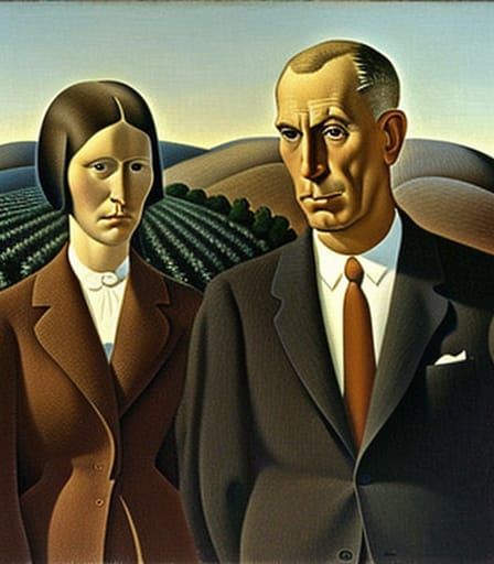 Couple with pitchfork by grant wood