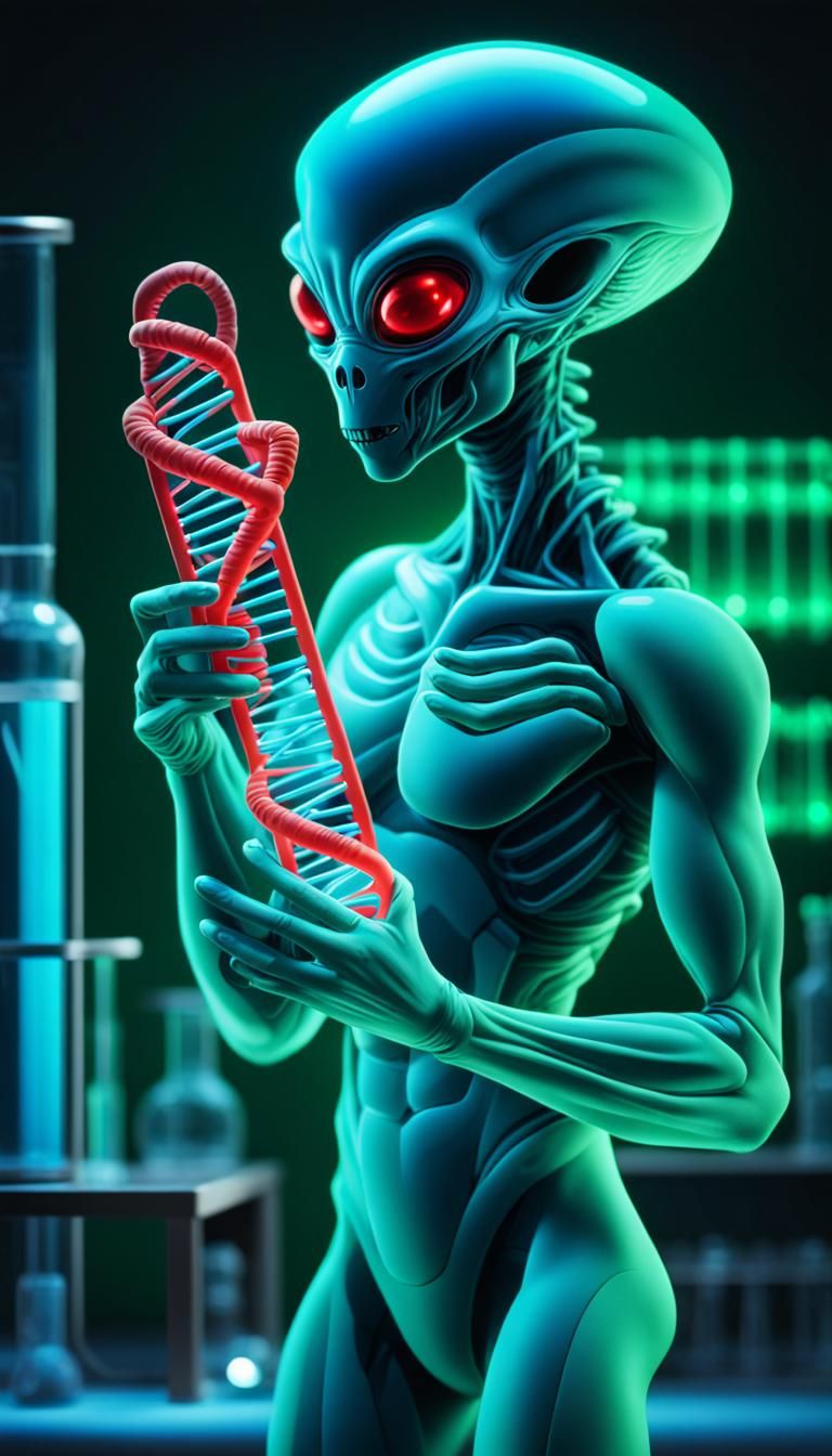 Alien in Lab Holding DNA Tube in Neon Light