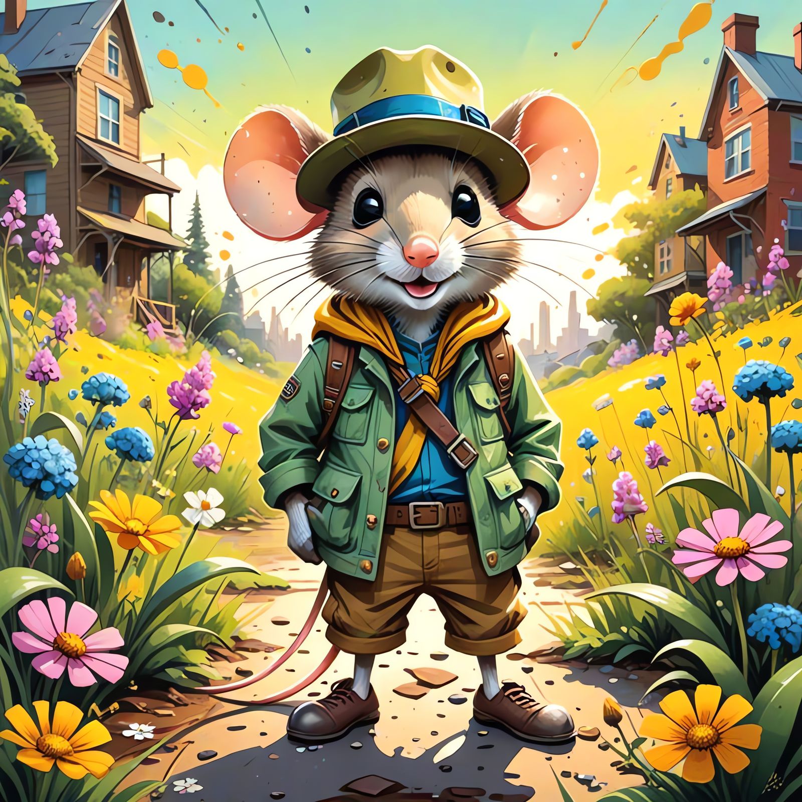 Charming Explorer Mouse in Vibrant Floral Landscape