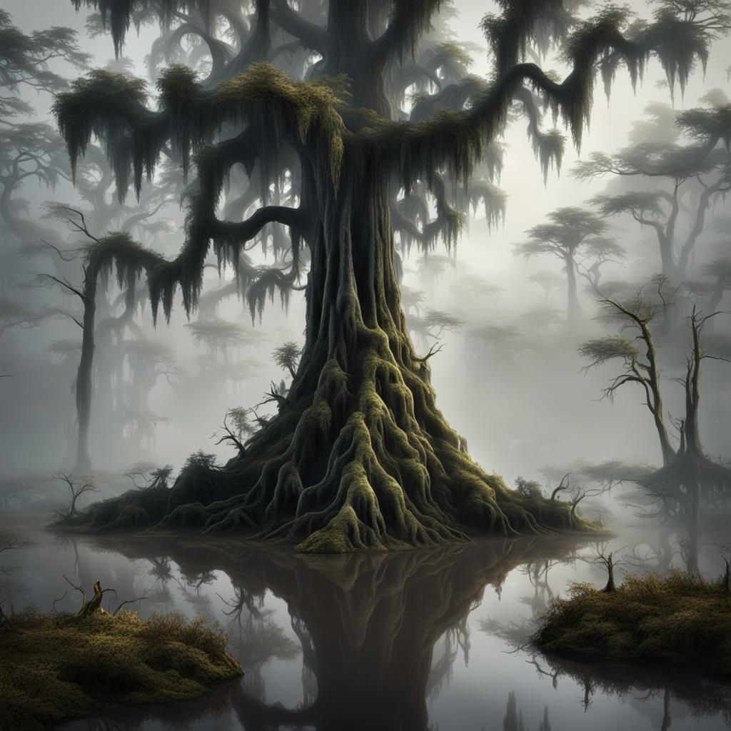 Cypress Tree in Murky Swamp, Dark Fantasy Art